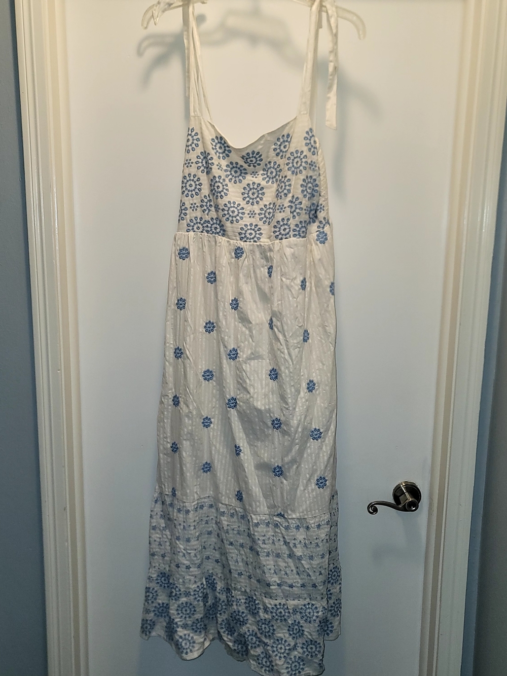 American Eagle Outfitters White Maxi Dress with Blue Floral Embroidery